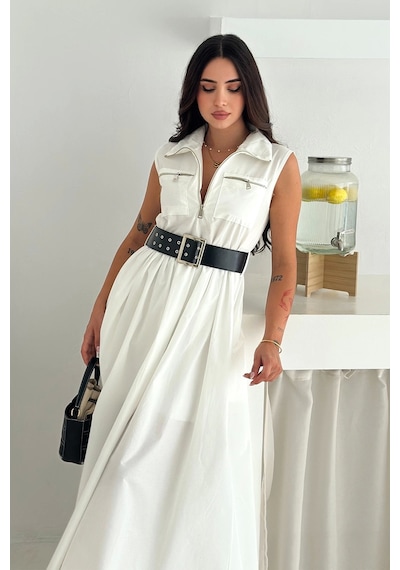 Asprin Fashion Paraşüt Kumaş Kemerli Elbise Beyaz Beyaz