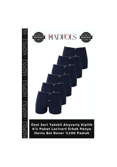 Hadpols Özel Seri Tekstil Alışveriş Kişilik 6'lı Paket Lacivert Erkek Penye Havlu Bel Boxer %100 Pamuk
