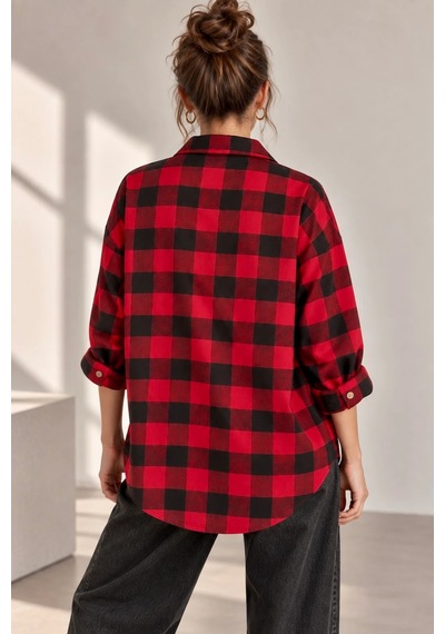 Bb Butik Basic Kadın Ekose Gömlek Oversize Oduncu Gömlek Uzun Kollu Cepli Günlük Tr0935 Kırmızı