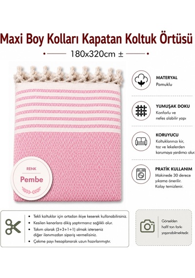 Pamuklu Kaymaz Hasır Dokuma Maxi Boy Kolları Örten Koltuk Örtüsü 180x310 - Pembe