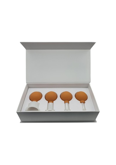 Silikon Vakumlu Yeşim Taş Jade Yüz Masaj Kupası 4 Lü Set Turuncu Renk Açık Bej