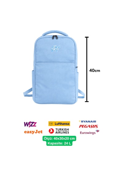 Jet Turtle Seyahat Sırt Çantası 40cm 40x25x15 Cm Pegasus, Wizz Air, Ryanair, El Valizi Koltuk Altı Valizi Buz Mavisi