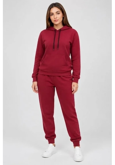 DefyModa İki İplik Kapüşonlu Kanguru Cepli Jogger Alt Üst Eşofman Takımı - Bordo