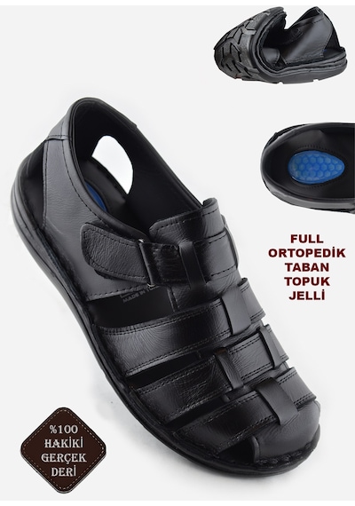 Ayakkabiburada 033 Günlük Hakiki Deri Erkek Sandalet Ayakkabı Siyah