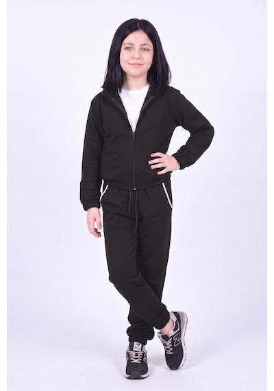 Panios Kids Kız Çocuk Dik Yaka Fermuarlı Beli Bağcıklı Lastik Paça Eşofman Takımı Siyah