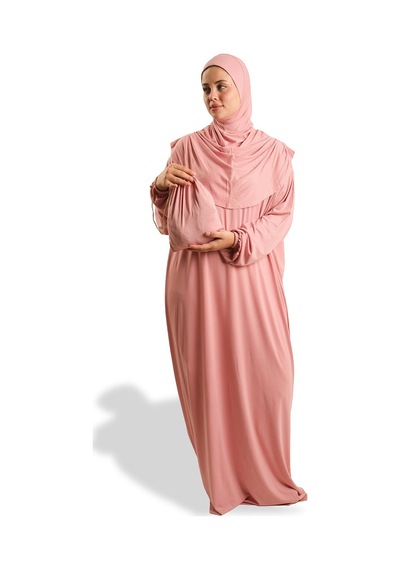 Hürrem Bone Tek Parça Namaz Elbisesi Viskon Düz 2503 06 Pudra