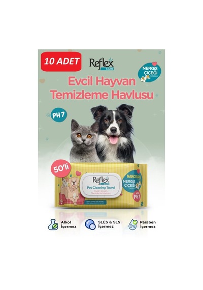 Reflex Care Evcil Hayvanlar İçin Çok Amaçlı Hijyenik Temizleme Havlusu 50'li - Nergis Çiçeği Kokulu 10 Paket