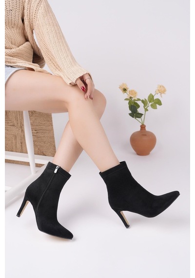 Nesilshoes Nesil Shoes Uraz 420 Siyah Süet Fermuarlı İnce Topuklu Kadın Bot