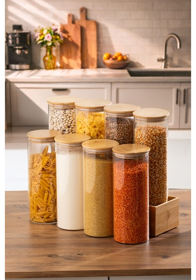 Porsima 4-4 Bambu Borosilikat Vakumlu Kapaklı Yuvarlak Cam 8li Kavanoz Seti Saklama Kabı 2100ml 10x30cm