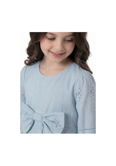 Pina Kids Kız Çocuk Uzun Kollu Önü Kurdelalı Fisto Elbise Mavi