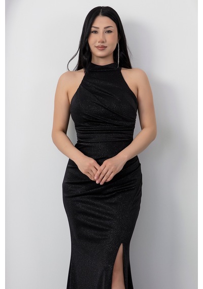 Kalopya Halter Yaka Yırtmaçlı Simli Elbise Drp0013 Siyah