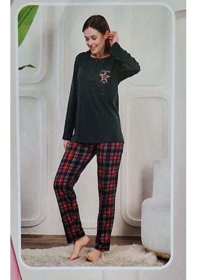 Miss Melina % 100 Pamuk Uzun Kol Kadın Pijama Takımı Ekoseli Yeşil Ekose