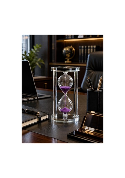 Modern Ofis Masa Üstü Biblosu Cam Kum Saati 10 Dakikalık Zamanlı Mor Kum Dekoratif Hediye 14.5x8 Cm Biblo