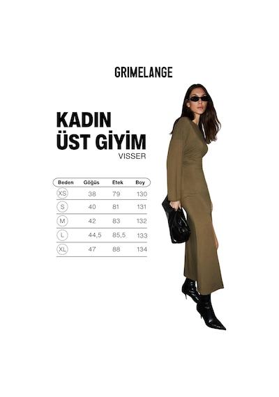 ETHIQUET VISSER Kadın Yumuşak Ve Esnek Kumaşlı Düşük Omuzlu Yuvarlak Yakalı Önü Yırtmaçlı Haki Elbise