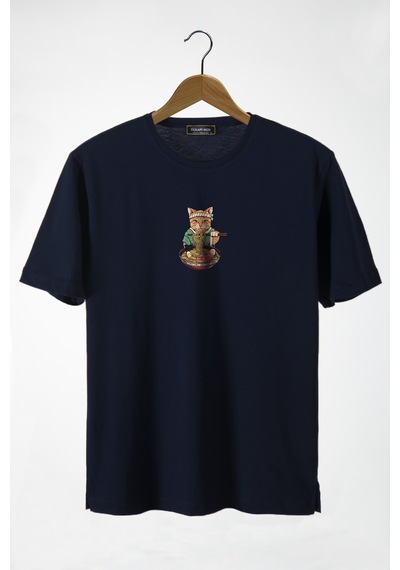 Kadın Lacivert Bisiklet Yaka Şef Kedi Baskılı Oversize T-shirt Lacivert