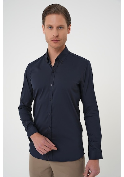 Efor Slim Fit Düğmeli Yaka Esnek Pamuk Klasik Lacivert Gömlek Gk 727 Lacivert