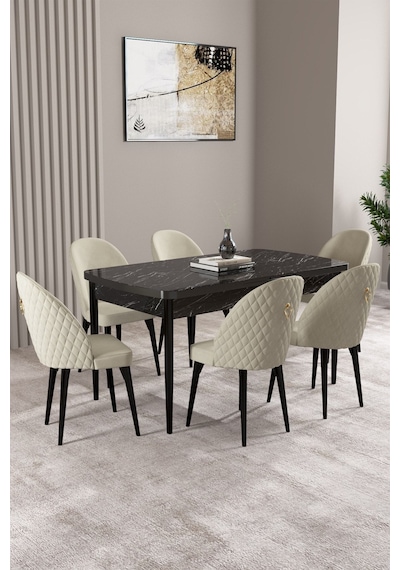 Milas Siyah Mermer Desen 80x132 Mdf Açılabilir Mutfak Masası Takımı 6 Adet Sandalye Krem Milas Siyah Mermer Desen 80x132 Mdf Açılabilir Mutfak Masası Takımı 6 Adet Sandalye Krem