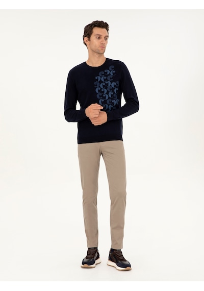 Cacharel Lacivert Slim Fit Bisiklet Yaka Yün Triko Kazak