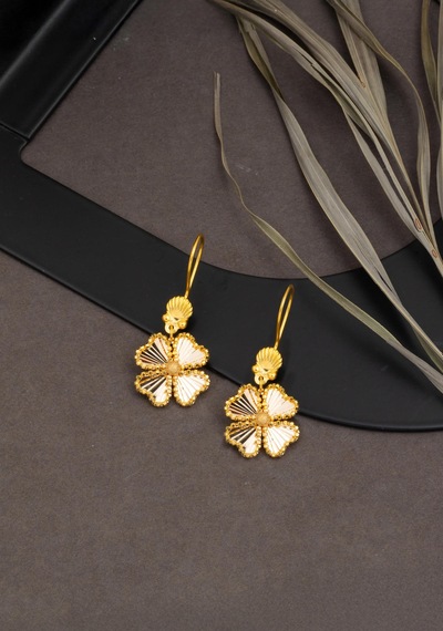 Bilezikci Pırıltılı Yonca Sallantılı Altın Küpe 14 Ayar Sarı Altın