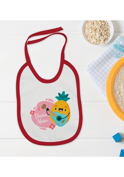 Babycim BK Kids Kişiye Özel Sevimli Ananas Tasarımlı Kırmızı Bebek Mama Önlüğü Kırmızı