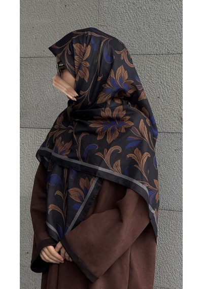 Qalortex Scarf Pamuklu Yaprak Desen Eşarp - Siyah - Morcivert Morcinevt