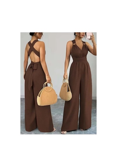 Meridefashion Kadın Askılı Halka Detaylı Arkadan Çapraz Kahverengi Tulum 2xl/3xl