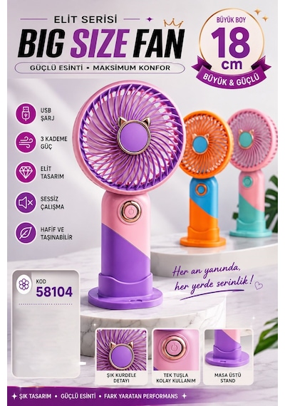 Şarjlı Mini Taşınabilir El Fanı Masa Fanı Soğutucu - Sessiz Usb Masaüstü Vantilatör 58104