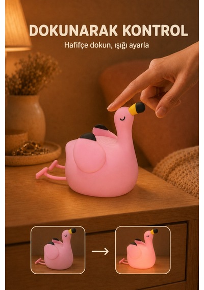 Flapo - Flamingo Figürlü Şarjlı Silikon Gece Lambası 3 Kademe Dokunmatik Usb-c Pembe Pembe