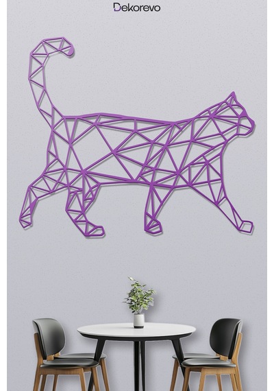 Geometrik Kedi Metal Duvar Tablosu - Metal Duvar Sanatı - Mor - 30 X 30 Cm