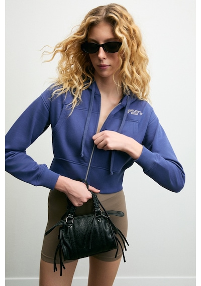 Grımelange Elara Kadın Metal Fermuarlı Nakışlı Kapüşonlu Crop İndigo Sweatshirt İndigo