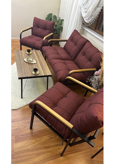 Modern Erciyes Balkon, Bahçe, Cafe - Metal Kanepe Koltuk Takımı - 2+1+1 + Sehpa Bordo Modernbs1 Bordo