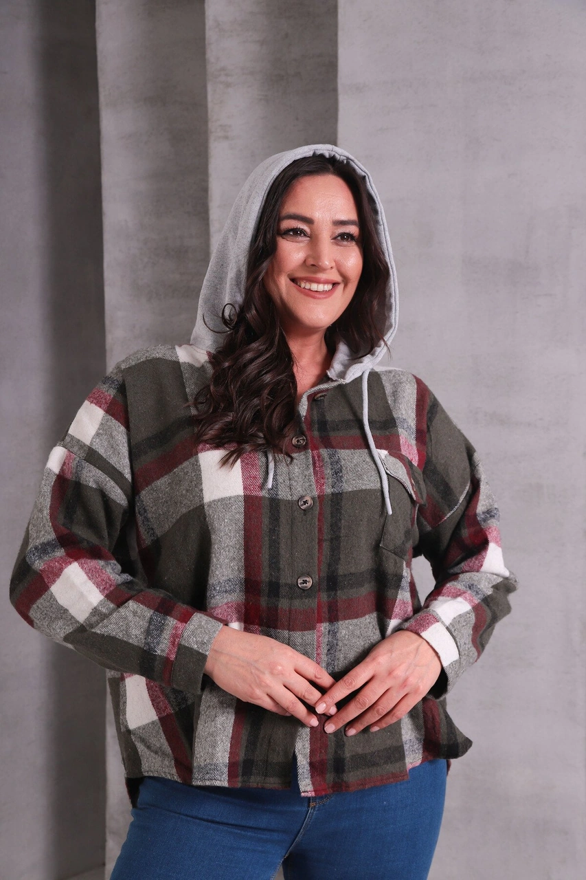 Mamayaga Kadın Curve Desenli Renkli Oduncu Oversize Büyük Beden Ceket Gömlek Haki