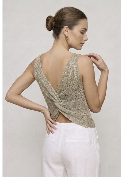 Neden Tekstil Twist Knot Detaylı Premium Kadın Triko Bluz V Yaka Örgü Dokulu Şık Crop Tasarım - Küf Yeşili