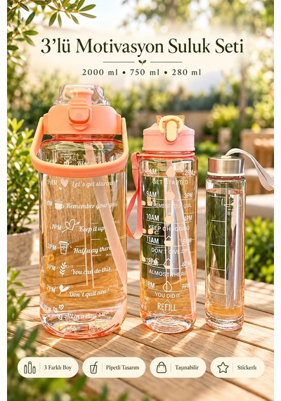 Madamev 3lü Motivasyonel Suluk Matara Seti 2000+750+280 Ml Pipetli Stickerlı Askılı Spor Ve Okul Su Çok Renkli