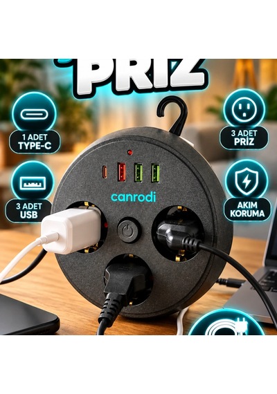 3 Prizli Çoklu Uzatma Prizi 3 Usb, 1 Type-c Ve 2 Metre Kablo Diğer
