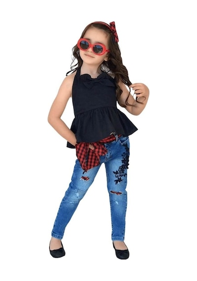 Quzucuk Kids Kız Çocuk Ekose Detaylı Pantolonlu Takım Çok Renkli