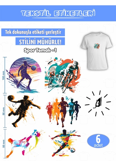 Ütü İle Yapışan Kıyafet Etiketi Spor Temalı -1 6lı Set Karışık