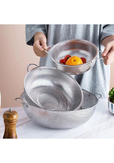 Paslanmaz Çelik Metal Yemek Süzgeci - Makarna Gıda Süzgeci Delikli Süzgeç 28.5 Cm Paslanmaz Çelik Diğer