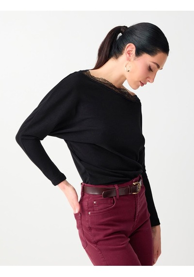 Jimmy Key Siyah Kayık Yaka Uzun Kollu Dantel Detaylı Örme Bluz 6sw035531900