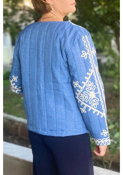 Mia Butik Kadın Mavi Bordur Nakışlı Astarlı Ceket Mavi