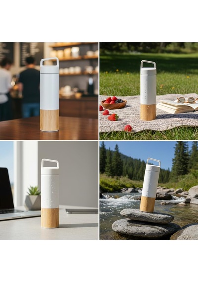 600 Ml Bambu Tabanlı Kulplu Çelik Termos Mug - 5 Renk Seçenekli Sıcak/soğuk Tutucu Seyahat Bardağı Beyaz Çok Renkli