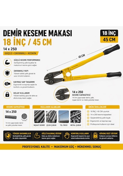 18 İnç 45 Cm Demir Kesme Makası Profesyonel Güç, Maksimum Dayanıklılık