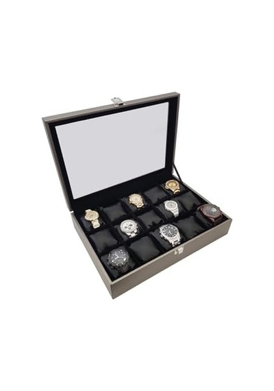 Chavin 15 Li Diamond Gri Deri Ahşap Camlı Saat Kutusu St15-59 10