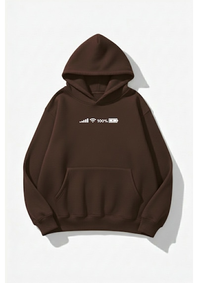 Uyguntarz Unisex Yumuşak Dokulu Phone's Icons Baskılı Tasarım Oversize 3 İplik Hoodie Sweatshirt Kahverengi