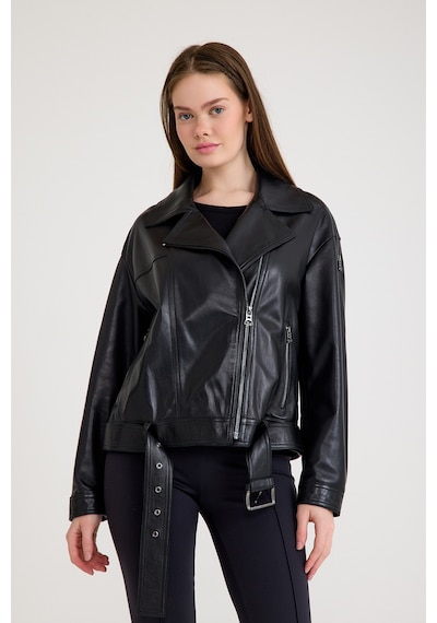 Oversize Bayan Deri Ceket Vb-23-bk-2143-22609 Siyah