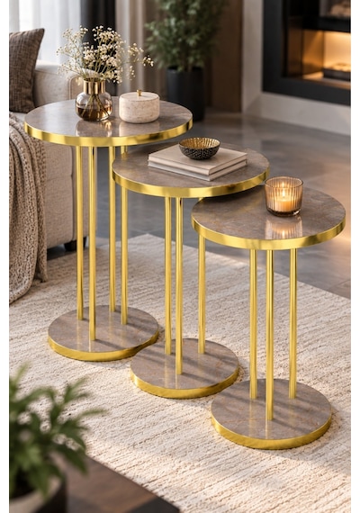 Sulorahome 3'lü Yuvarlak Zigon Sehpa Takımı Çam Kahverengi Ve Gold Metal Ayaklı Altın - Kahverengi