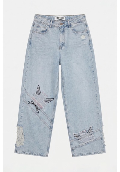 Kadın Ice 12s6-3 Süper Baggy Özel Nakışlı Tasarım Denim Jean Buz Mavi