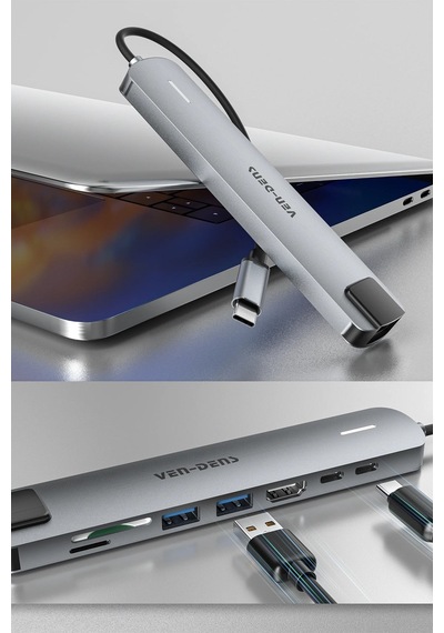 Ven-dens Vd-adp020 8 İ 1 Arada Usb-c Hub Adaptör, 4k 30 Hz Hdmı, 90 W Pd, Usb 3.0, Rj45, Gri