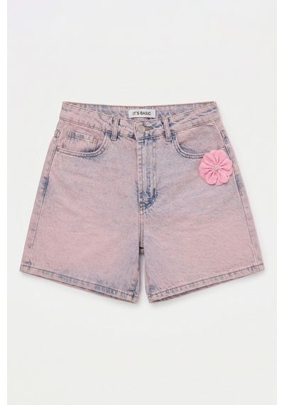 it's basic Kadın Kot Pembe 4s6-9 Mom Relax Gül Ve Nakış Detaylı Özel Tasarım Denim Şort