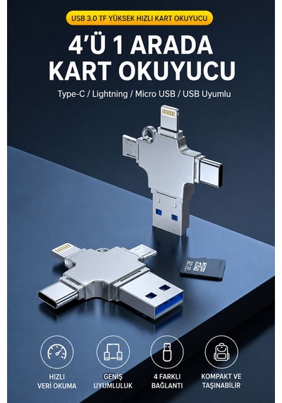 4ü 1 Arada Tf Kart Okuyucu, Type-c Lightning Micro Usb Usb 3.0 Bağlantılı Otg Adaptör, 5gbps Hızlı Veri Aktarımı, Telefon Tablet Pc Uyumlu, Metal Gövde D509